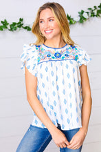 Load image into Gallery viewer, Azure Blue Aztec &amp; Embroidered Ruffle Top
