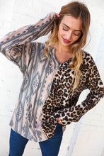 Load image into Gallery viewer, Aztec Leopard Color Block Rib Placket Button Top
