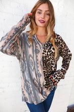 Load image into Gallery viewer, Aztec Leopard Color Block Rib Placket Button Top
