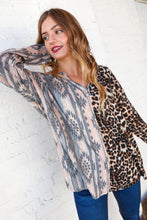 Load image into Gallery viewer, Aztec Leopard Color Block Rib Placket Button Top
