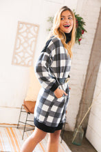 Load image into Gallery viewer, Black Buffalo Plaid Belted Sweater Dress
