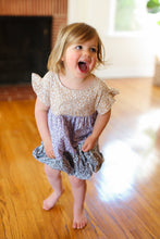 Load image into Gallery viewer, Kids Twirl Me Taupe &amp; Lilac Tiered Babydoll Dress
