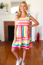 Load image into Gallery viewer, Multicolor Stripe Shoulder Tie Knot Ruffle Hem Dress
