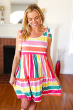 Load image into Gallery viewer, Multicolor Stripe Shoulder Tie Knot Ruffle Hem Dress
