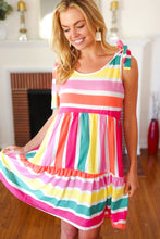 Load image into Gallery viewer, Multicolor Stripe Shoulder Tie Knot Ruffle Hem Dress
