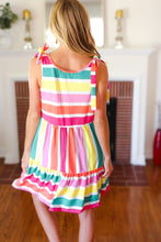 Load image into Gallery viewer, Multicolor Stripe Shoulder Tie Knot Ruffle Hem Dress
