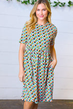 Load image into Gallery viewer, Aqua &amp; Pink Fit &amp; Flare Geometric Midi Dress
