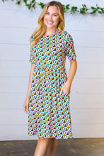 Load image into Gallery viewer, Aqua &amp; Pink Fit &amp; Flare Geometric Midi Dress
