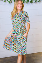 Load image into Gallery viewer, Aqua &amp; Pink Fit &amp; Flare Geometric Midi Dress
