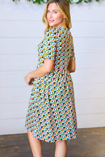 Load image into Gallery viewer, Aqua &amp; Pink Fit &amp; Flare Geometric Midi Dress
