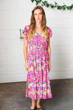 Load image into Gallery viewer, Fuchsia &amp; Yellow Floral Elastic Waist Ruffle Midi Dress
