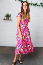 Load image into Gallery viewer, Fuchsia &amp; Yellow Floral Elastic Waist Ruffle Midi Dress
