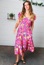 Load image into Gallery viewer, Fuchsia &amp; Yellow Floral Elastic Waist Ruffle Midi Dress
