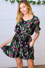 Load image into Gallery viewer, Black &amp; Floral Surplice Short Sleeve Pocketed Romper
