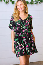 Load image into Gallery viewer, Black &amp; Floral Surplice Short Sleeve Pocketed Romper
