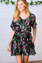 Load image into Gallery viewer, Black &amp; Floral Surplice Short Sleeve Pocketed Romper
