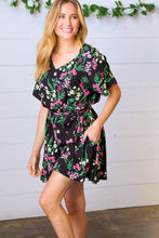 Load image into Gallery viewer, Black &amp; Floral Surplice Short Sleeve Pocketed Romper
