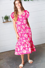 Load image into Gallery viewer, Fuchsia Floral Elastic Waist Fit and Flare Ruffle Midi Dress
