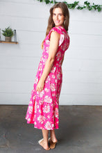 Load image into Gallery viewer, Fuchsia Floral Elastic Waist Fit and Flare Ruffle Midi Dress
