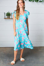 Load image into Gallery viewer, Aqua Floral Elastic Waist Fit and Flare Ruffle Midi Dress
