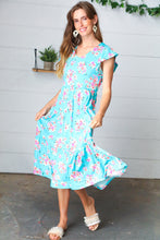 Load image into Gallery viewer, Aqua Floral Elastic Waist Fit and Flare Ruffle Midi Dress
