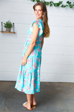 Load image into Gallery viewer, Aqua Floral Elastic Waist Fit and Flare Ruffle Midi Dress
