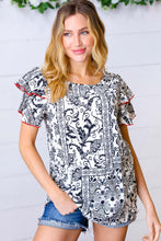 Load image into Gallery viewer, Black Boho Print Flutter Sleeve Woven Top
