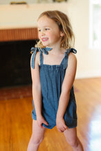 Load image into Gallery viewer, Kids Endearing Cotton Denim Elastic Ruffle Neck Shoulder Tie Romper
