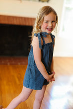 Load image into Gallery viewer, Kids Endearing Cotton Denim Elastic Ruffle Neck Shoulder Tie Romper
