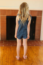 Load image into Gallery viewer, Kids Endearing Cotton Denim Elastic Ruffle Neck Shoulder Tie Romper
