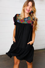 Load image into Gallery viewer, Black Crepe Neon Floral Embroidery Flutter Sleeve Dress
