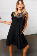 Load image into Gallery viewer, Black Crepe Neon Floral Embroidery Flutter Sleeve Dress
