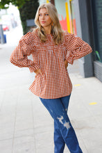 Load image into Gallery viewer, Adorable in Gingham Rust Shirred Mock Neck Top
