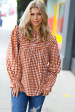 Load image into Gallery viewer, Adorable in Gingham Rust Shirred Mock Neck Top
