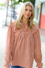 Load image into Gallery viewer, Adorable in Gingham Rust Shirred Mock Neck Top
