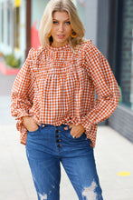 Load image into Gallery viewer, Adorable in Gingham Rust Shirred Mock Neck Top
