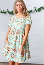 Load image into Gallery viewer, Mint &amp; Coral Floral Babydoll Fit and Flare Dress
