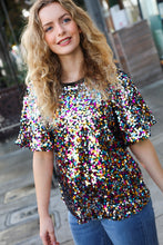 Load image into Gallery viewer, City Lights Black Multicolor Sequin Puff Sleeve Top

