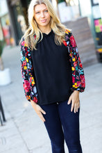 Load image into Gallery viewer, Be Yourself Black Sequin &amp; Floral Embroidery Print Mock Neck Top
