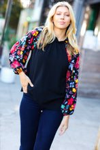 Load image into Gallery viewer, Be Yourself Black Sequin &amp; Floral Embroidery Print Mock Neck Top
