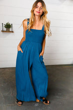 Load image into Gallery viewer, Ocean Blue Smocked Rib Wide Leg Romper Jumpsuit
