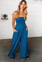 Load image into Gallery viewer, Ocean Blue Smocked Rib Wide Leg Romper Jumpsuit
