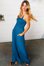 Load image into Gallery viewer, Ocean Blue Smocked Rib Wide Leg Romper Jumpsuit
