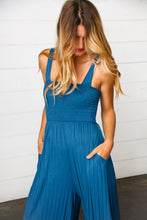 Load image into Gallery viewer, Ocean Blue Smocked Rib Wide Leg Romper Jumpsuit
