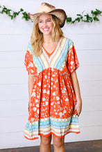 Load image into Gallery viewer, Persimmon &amp; Blue Paisley Dolman V Neck Border Dress
