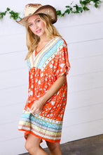 Load image into Gallery viewer, Persimmon &amp; Blue Paisley Dolman V Neck Border Dress
