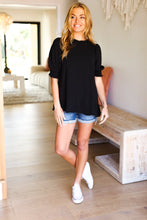 Load image into Gallery viewer, Back To Basics Black Frill Mock Neck Smocked Bubble Sleeve Top
