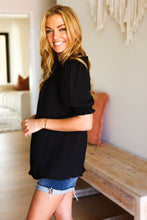 Load image into Gallery viewer, Back To Basics Black Frill Mock Neck Smocked Bubble Sleeve Top
