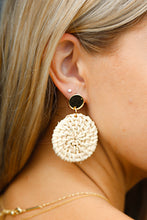 Load image into Gallery viewer, Ivory &amp; Gold Rattan Woven Round Dangle Earrings
