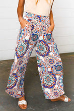 Load image into Gallery viewer, Azure Blue Boho Paisley Smocked Waist Slit Palazzo Pants
